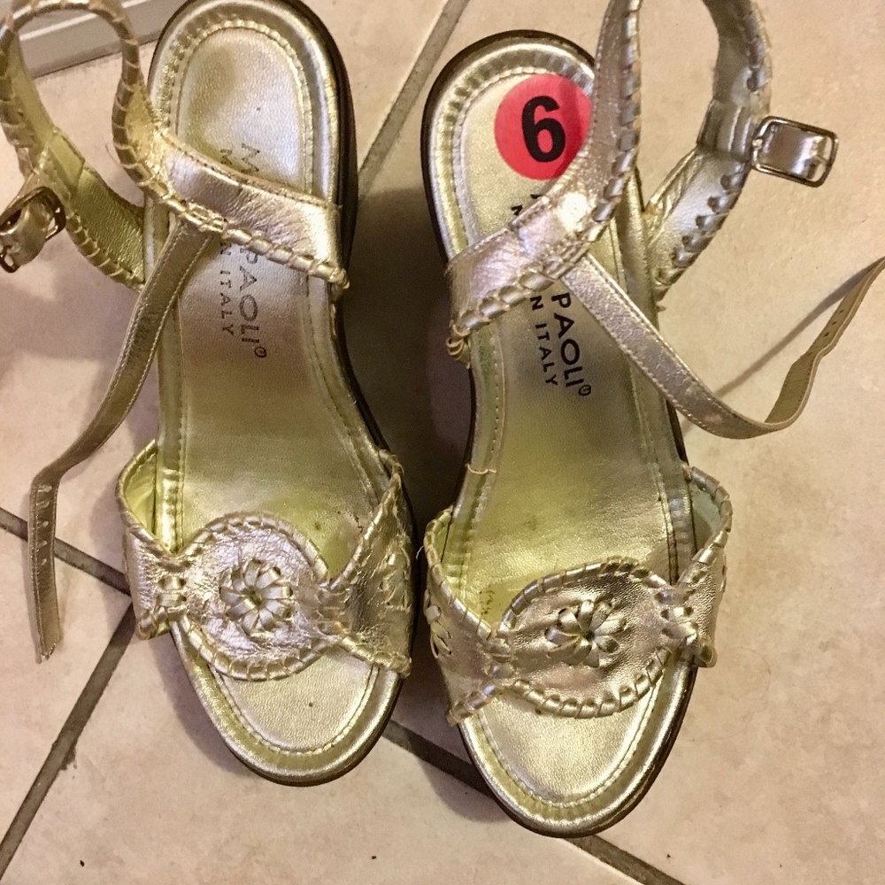 Mila Paoli Italy Gold Wedge Sandals 6 Embroidered